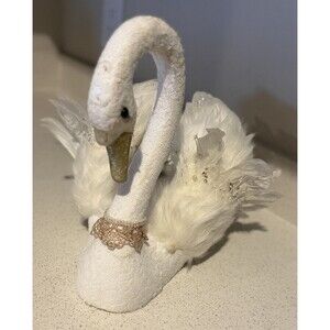 12” Nicole Hillen Metallic Tabletop Swan Figure White Tinsel Glitter Foam Materi